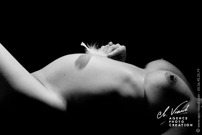 Photo artistique d'une femme enceinte avec une plume sur le ventre
