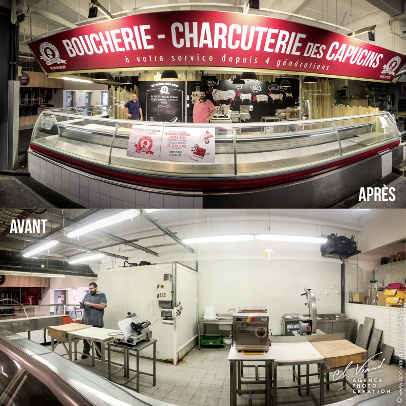 Création d'enseignes, d'ardoises et de stickers personnalisés pour un stand de boucher sur le marché des capucins à bordeaux