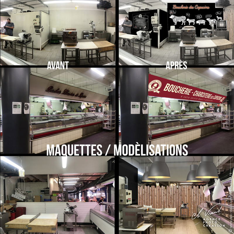 Création d'enseignes, d'ardoises et de stickers personnalisés pour un stand de boucher sur le marché des capucins à bordeaux