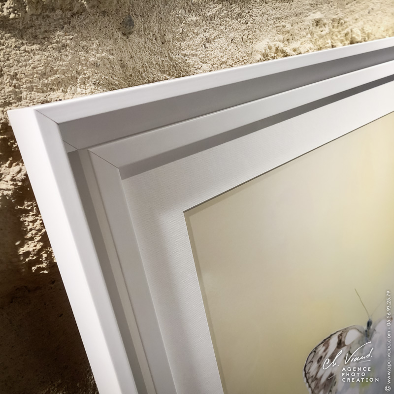 Encadrement d'une photo d'art avec caisse américaine, passe-partout en PH neutre et verre invisible
