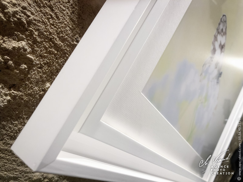 Encadrement d'une photo d'art avec caisse américaine, passe-partout en PH neutre et verre invisible