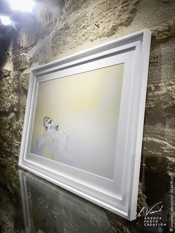 Encadrement d'une photo d'art avec caisse américaine, passe-partout en PH neutre et verre invisible